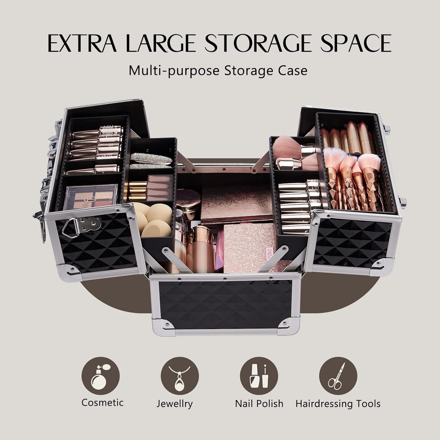 Large Makeup Organiser Box Makeup Vanity Case Cosmetic Cases 4 Trays with Shoulder Strap Clasp Locks with Keys (Black)