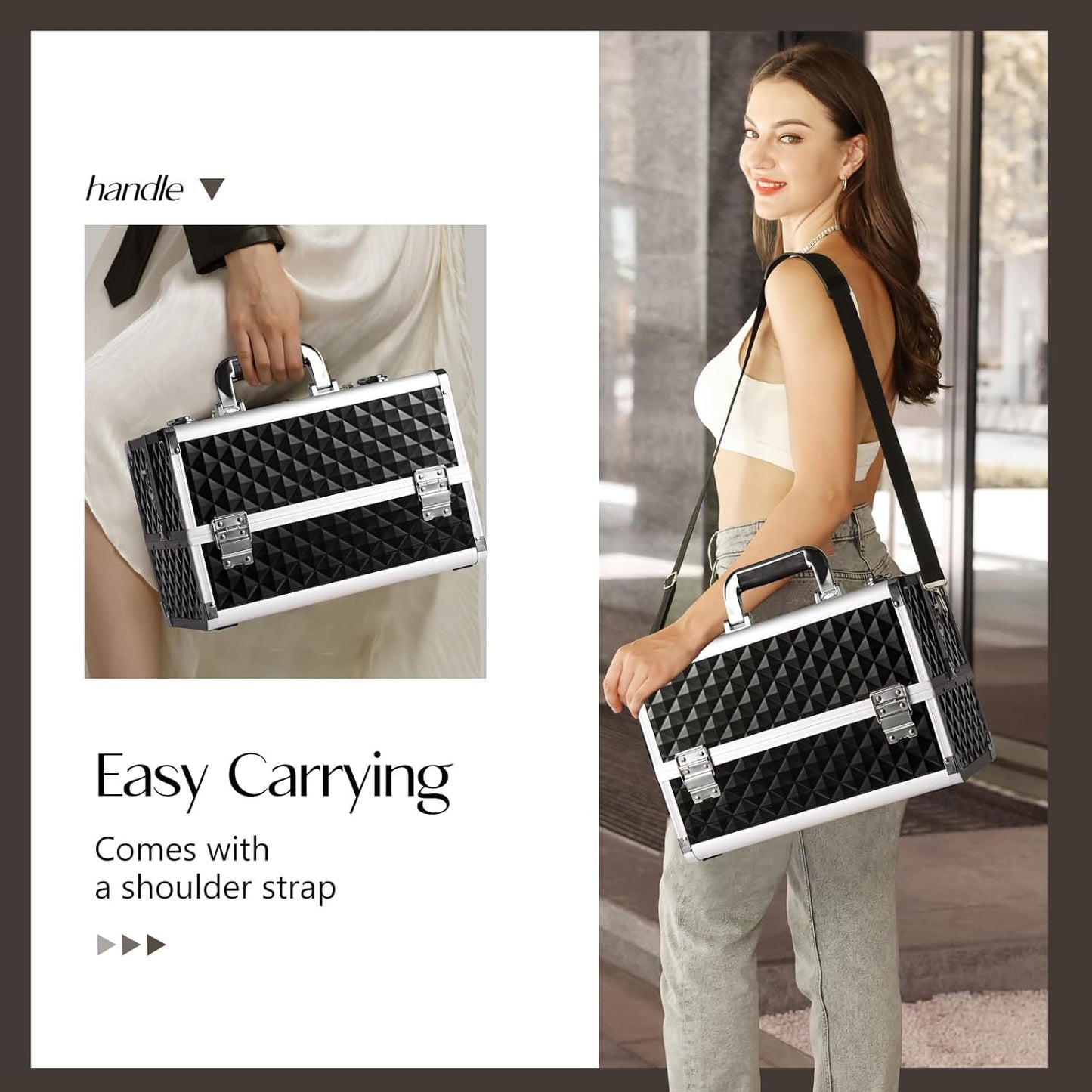 Large Makeup Organiser Box Makeup Vanity Case Cosmetic Cases 4 Trays with Shoulder Strap Clasp Locks with Keys (Black)