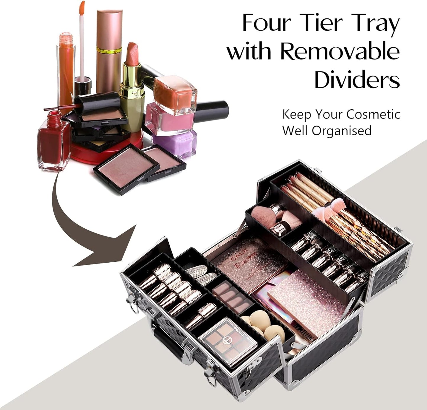 Large Makeup Organiser Box Makeup Vanity Case Cosmetic Cases 4 Trays with Shoulder Strap Clasp Locks with Keys (Black)