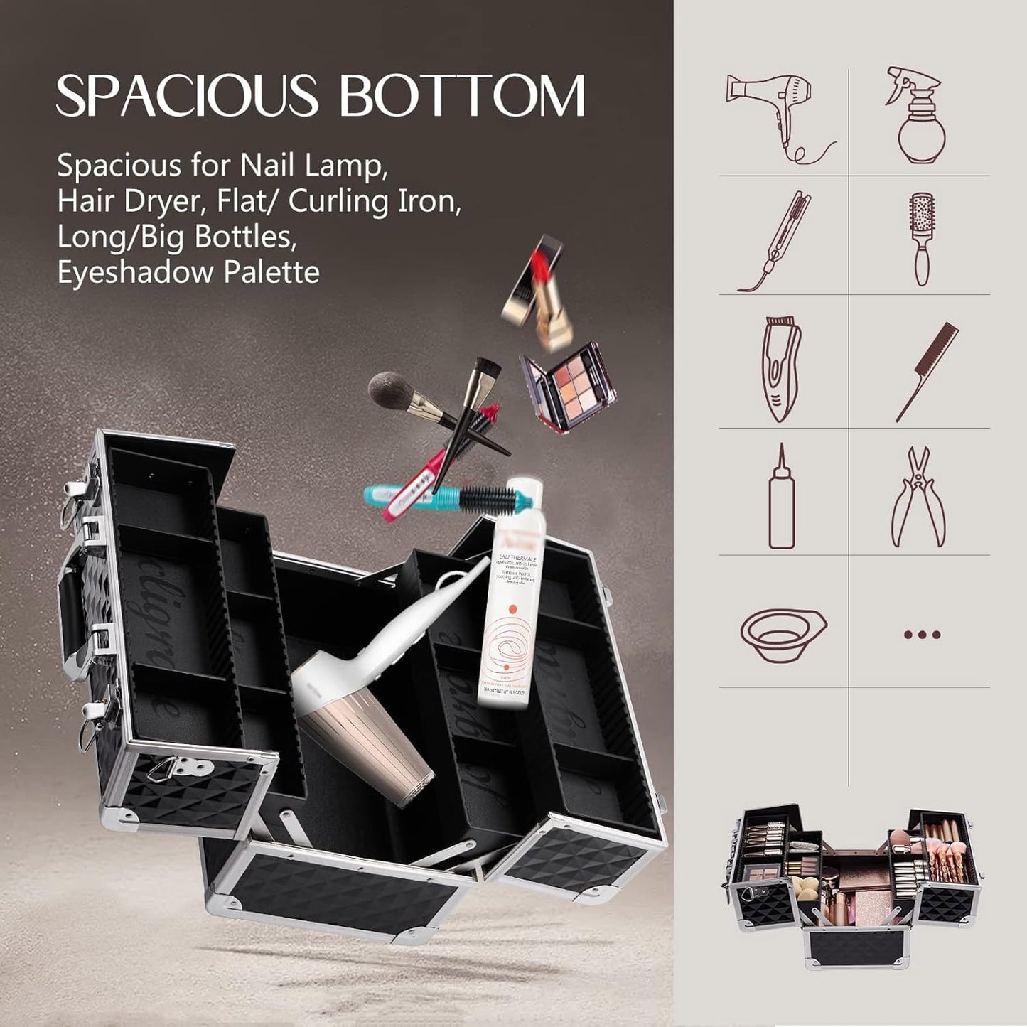 Large Makeup Organiser Box Makeup Vanity Case Cosmetic Cases 4 Trays with Shoulder Strap Clasp Locks with Keys (Black)