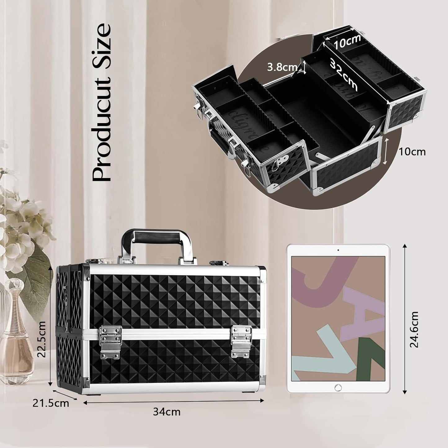 Large Makeup Organiser Box Makeup Vanity Case Cosmetic Cases 4 Trays with Shoulder Strap Clasp Locks with Keys (Black)