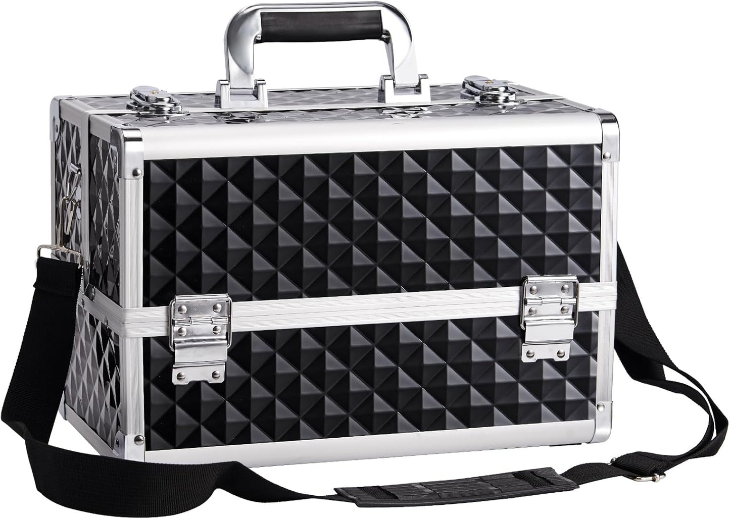 Large Makeup Organiser Box Makeup Vanity Case Cosmetic Cases 4 Trays with Shoulder Strap Clasp Locks with Keys (Black)