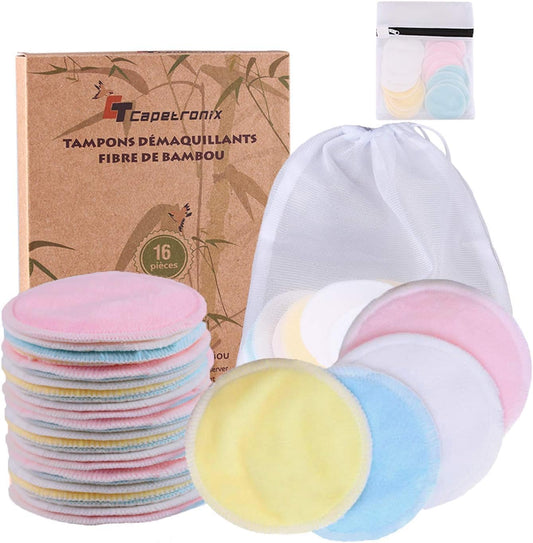 Eco-Friendly Reusable Makeup Remover Pads - Organic Bamboo & Cotton, 16 Soft Rounds with Laundry & Storage Bags for All Skin Types