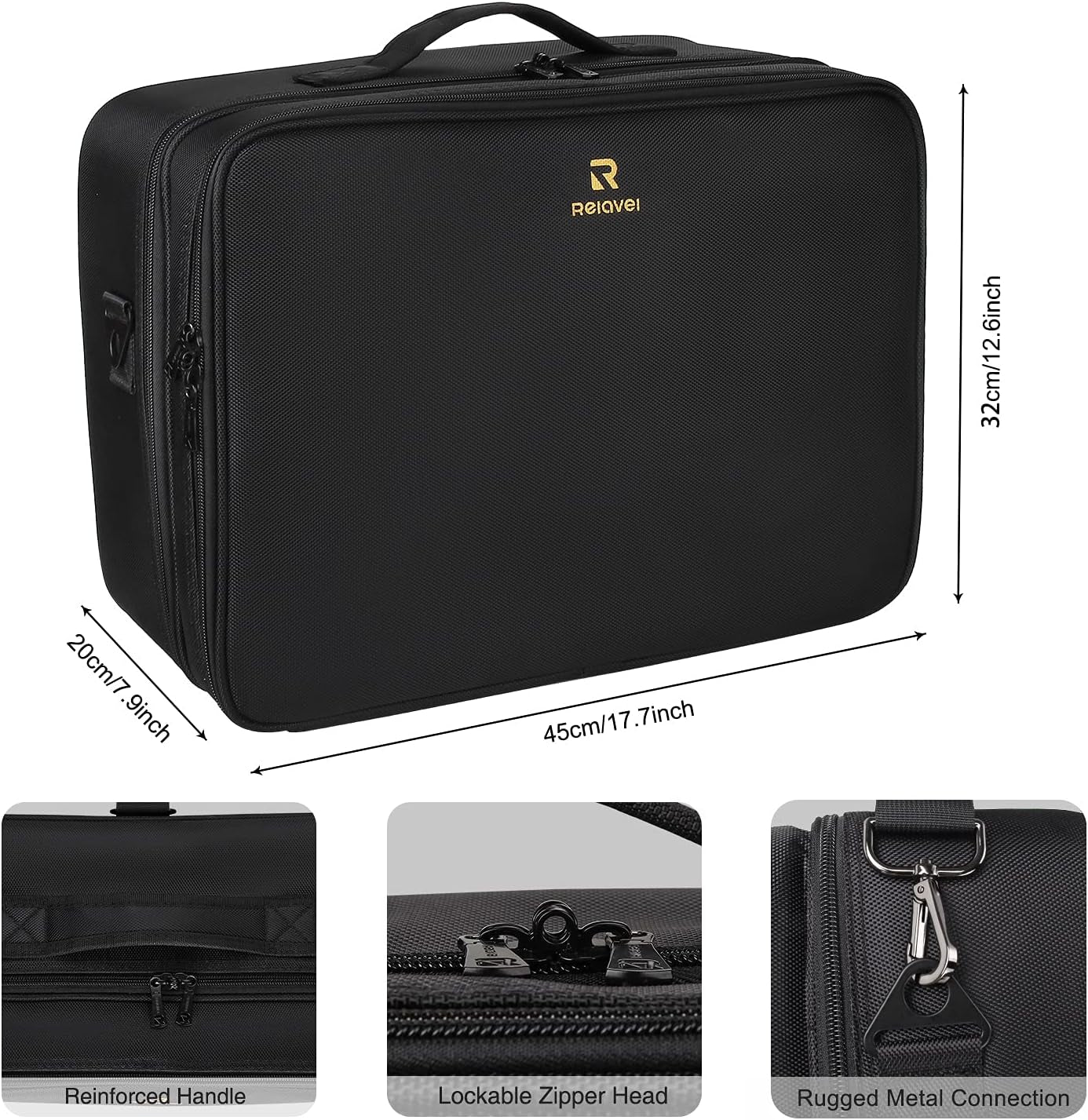 Extra Large Travel Makeup Train Case 17.7" Professional Artist Organizer Box for Women and Girls - Portable Nail and Art Supply Bag with Adjustable Dividers, Attaches to Trolley