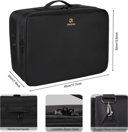 Extra Large Travel Makeup Train Case 17.7" Professional Artist Organizer Box for Women and Girls - Portable Nail and Art Supply Bag with Adjustable Dividers, Attaches to Trolley