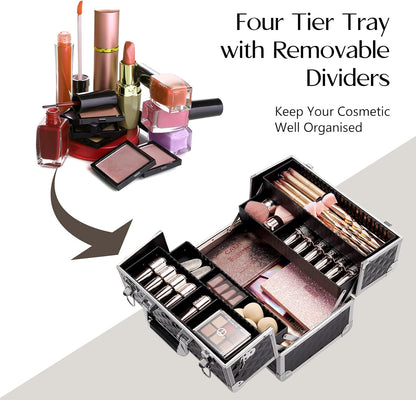 Large Makeup Organiser Box Makeup Vanity Case Cosmetic Cases 4 Trays with Shoulder Strap Clasp Locks with Keys (Black)