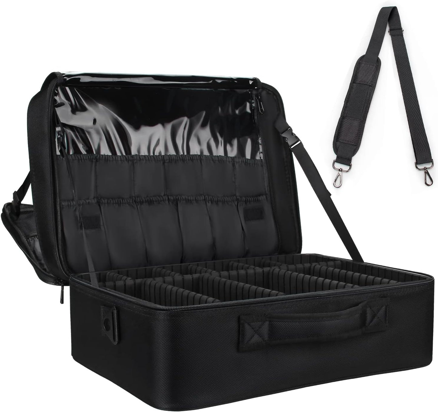 Extra Large Travel Makeup Train Case 17.7" Professional Artist Organizer Box for Women and Girls - Portable Nail and Art Supply Bag with Adjustable Dividers, Attaches to Trolley