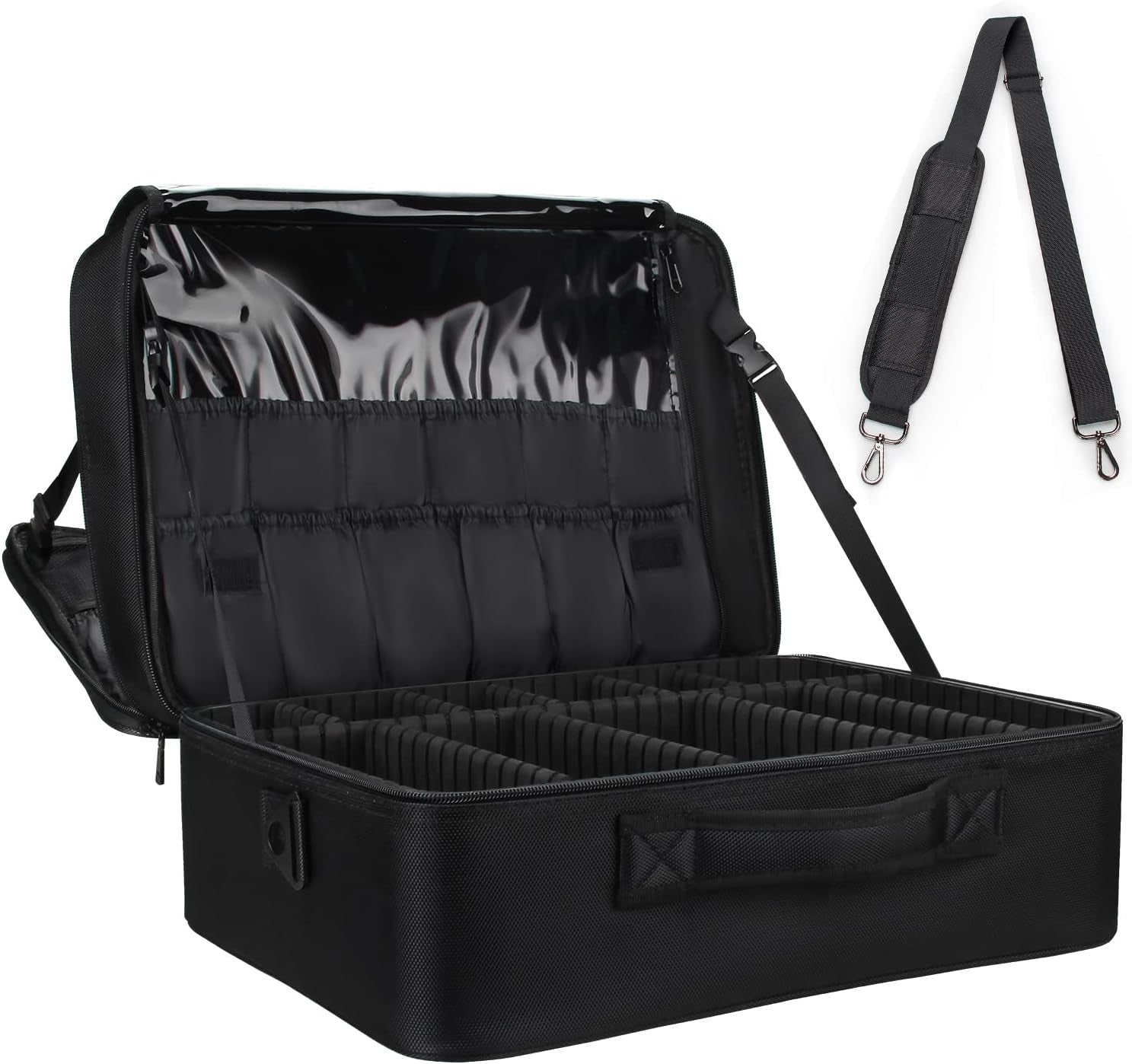 Extra Large Travel Makeup Train Case 17.7" Professional Artist Organizer Box for Women and Girls - Portable Nail and Art Supply Bag with Adjustable Dividers, Attaches to Trolley
