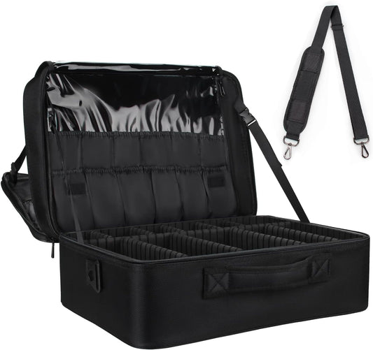Extra Large Travel Makeup Train Case 17.7" Professional Artist Organizer Box for Women and Girls - Portable Nail and Art Supply Bag with Adjustable Dividers, Attaches to Trolley