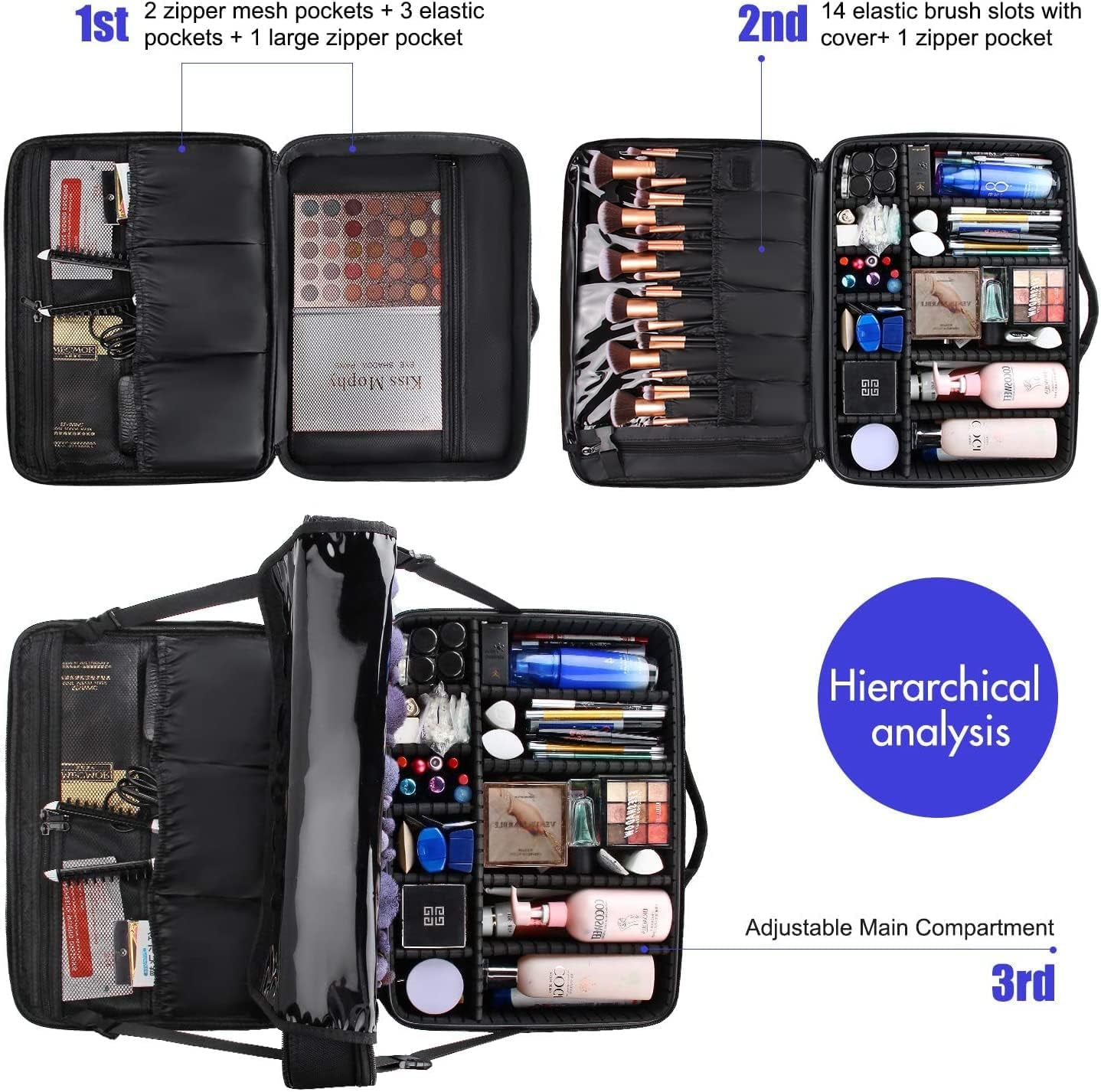 Extra Large Travel Makeup Train Case 17.7" Professional Artist Organizer Box for Women and Girls - Portable Nail and Art Supply Bag with Adjustable Dividers, Attaches to Trolley