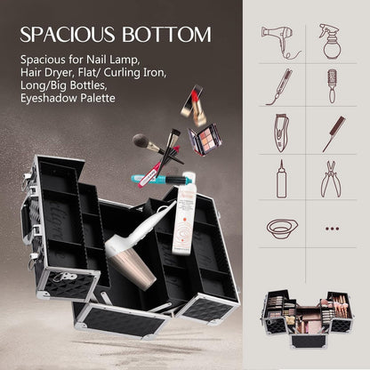 Large Makeup Organiser Box Makeup Vanity Case Cosmetic Cases 4 Trays with Shoulder Strap Clasp Locks with Keys (Black)