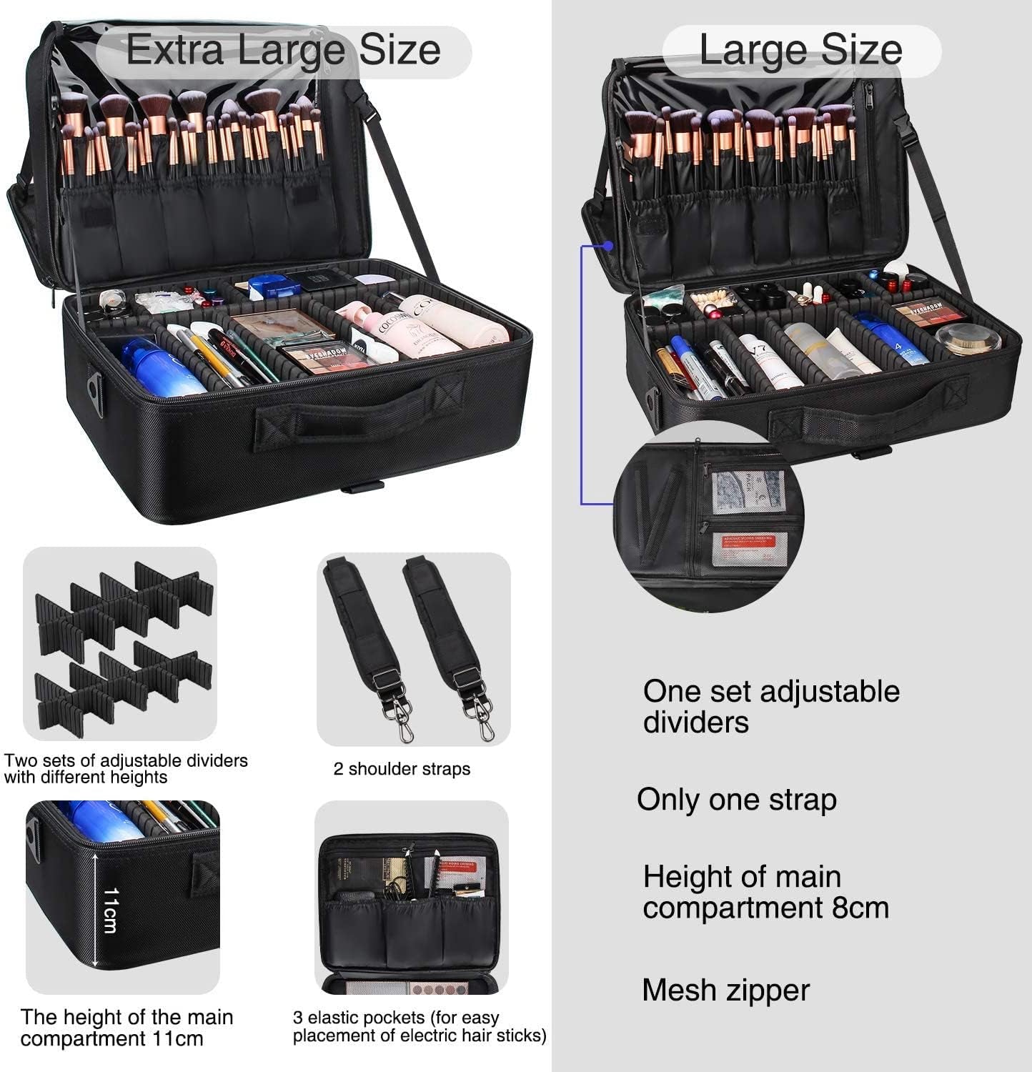 Extra Large Travel Makeup Train Case 17.7" Professional Artist Organizer Box for Women and Girls - Portable Nail and Art Supply Bag with Adjustable Dividers, Attaches to Trolley