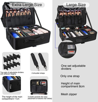 Extra Large Travel Makeup Train Case 17.7" Professional Artist Organizer Box for Women and Girls - Portable Nail and Art Supply Bag with Adjustable Dividers, Attaches to Trolley