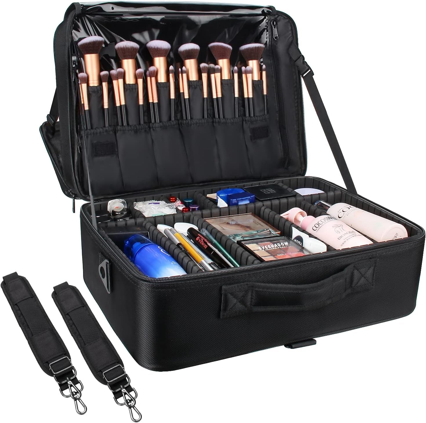 Extra Large Travel Makeup Train Case 17.7" Professional Artist Organizer Box for Women and Girls - Portable Nail and Art Supply Bag with Adjustable Dividers, Attaches to Trolley