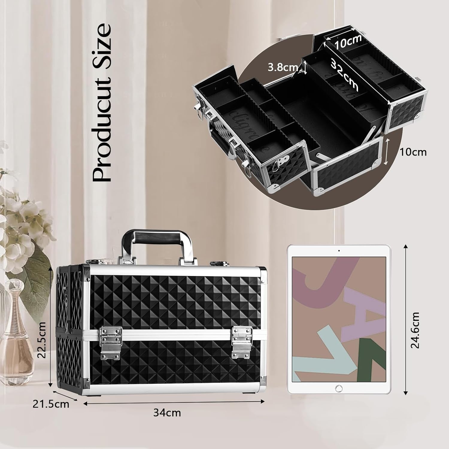 Large Makeup Organiser Box Makeup Vanity Case Cosmetic Cases 4 Trays with Shoulder Strap Clasp Locks with Keys (Black)