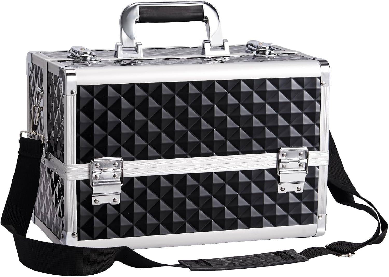 Large Makeup Organiser Box Makeup Vanity Case Cosmetic Cases 4 Trays with Shoulder Strap Clasp Locks with Keys (Black)
