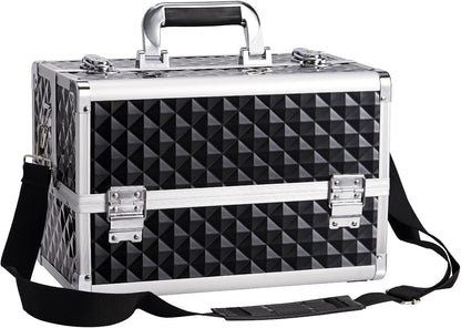 Large Makeup Organiser Box Makeup Vanity Case Cosmetic Cases 4 Trays with Shoulder Strap Clasp Locks with Keys (Black)
