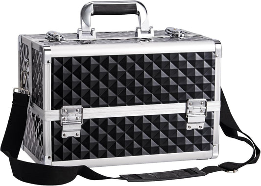 Large Makeup Organiser Box Makeup Vanity Case Cosmetic Cases 4 Trays with Shoulder Strap Clasp Locks with Keys (Black)