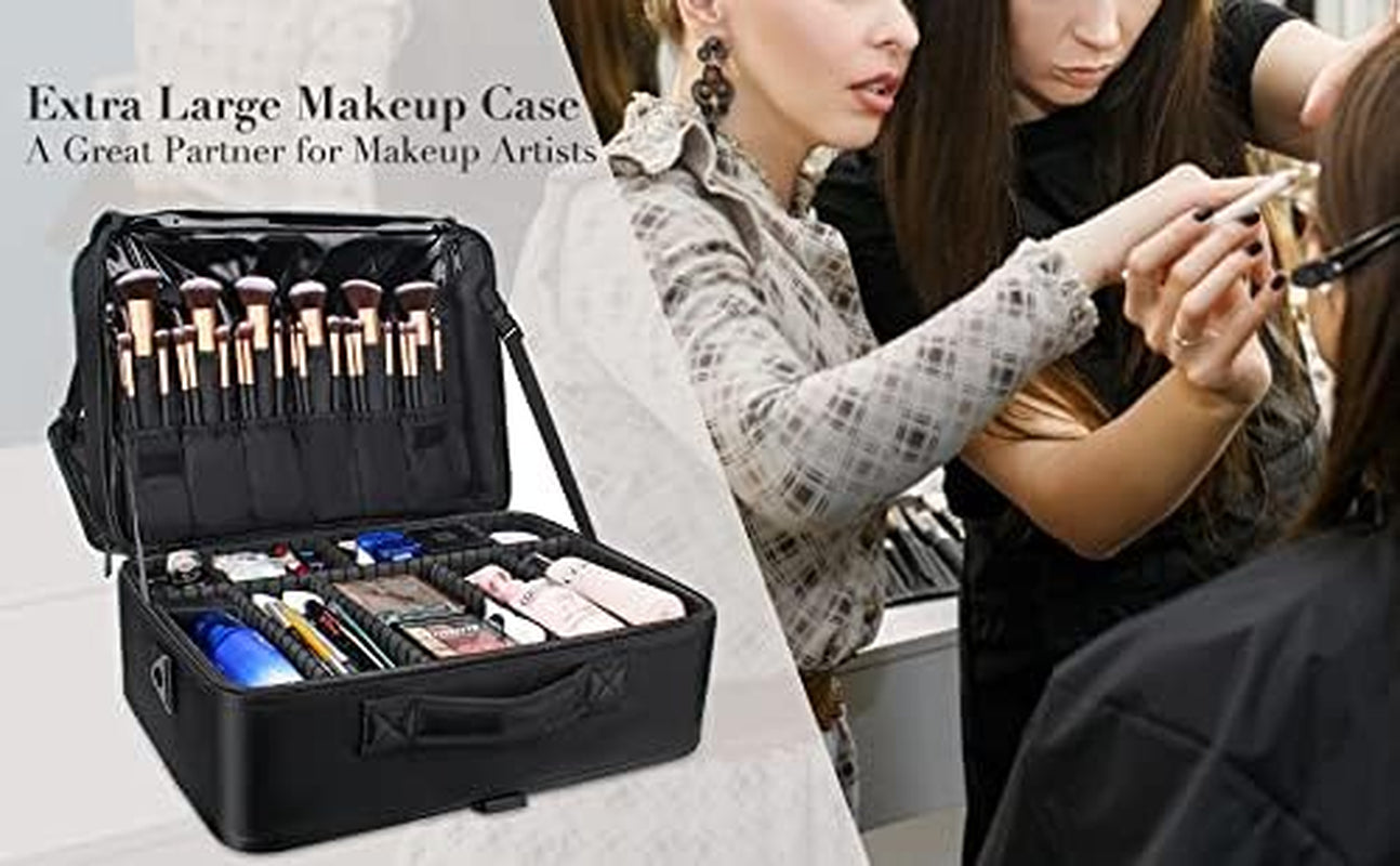 Extra Large Travel Makeup Train Case 17.7" Professional Artist Organizer Box for Women and Girls - Portable Nail and Art Supply Bag with Adjustable Dividers, Attaches to Trolley